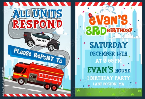 Kid's Birthday party invitation template with police car and firetruck. Colorful design template. Cartoon vector illustration