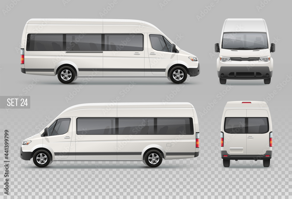 White passenger Van realistic mockup template for Branding and Corporate identity design on delivery transport. White Cargo Van isolated on grey background