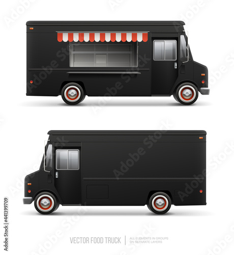 Black food truck vector template for Mock Up for Brand Identity. Cargo truck. Realistic Delivery Service Vehicle isolated on grey background for Advertising design. Food truck with blank sign