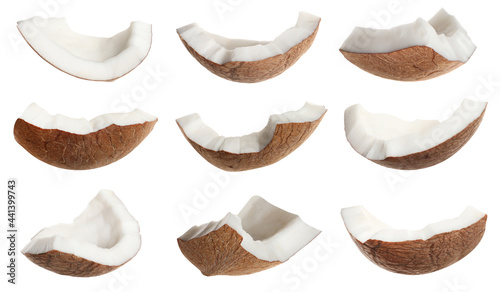 Set with pieces of ripe coconut on white background
