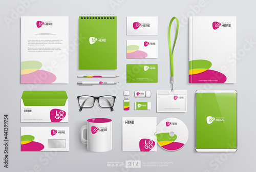 Business stationery items mockup template for corporate Brand Identity. Abstract green and pink graphics on white book cover, cd, envelope, business card, mug. Company branding mockup