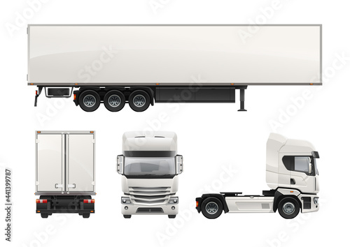 White cargo Truck Trailer vector template for mockup design isolated on white. Realistic Car Euro trucks delivering vehicle layout for corporate brand identity design. Realistic illustration