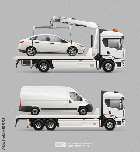 Tow truck for transportation faults emergency cars realistic vector template. Mockup Car towing truck Evacuator isolated on grey background. Service truck