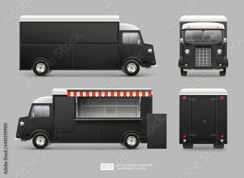 Black retro food truck vector template for Mock Up for Brand Identity. Service truck. Realistic Delivery Service Vehicle isolated on grey background for Advertising design. Food truck with blank sign