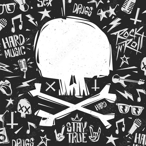 Rock n Roll Grunge Poster with doodle punk elements, skull shape clean space - creative vector design. Rock party design isolated from black. Rock'n'Roll party Tee print stamp t-shirt, print fabric