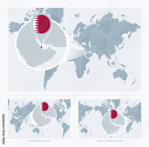 Magnified Qatar over Map of the World, 3 versions of the World Map with flag and map of Qatar.