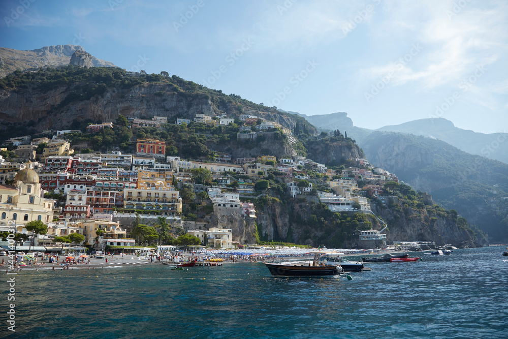 A view of the Amalfi Coast from the waters of the Gulf of Salerno in Italy