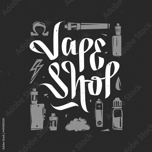 Vaping tools isolated on black background for vape shop logo e-cigarette store, print design. Vape Shop lettering sign or poster template