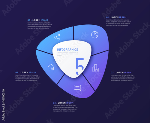 Vector circular infographic template in the form of abstract shape divided by five parts