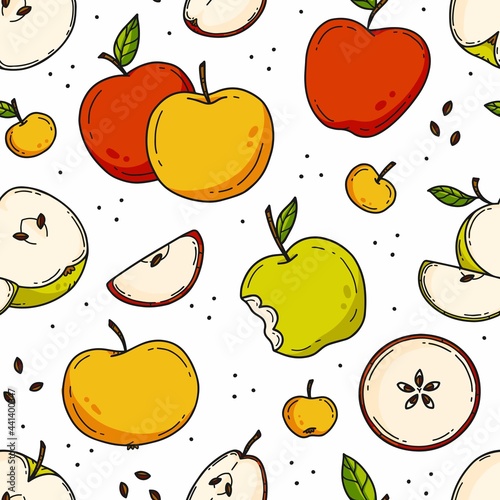 Fototapeta Naklejka Na Ścianę i Meble -  Seamless pattern with apples in cute doodle style. Background with fruits, apples, apple slices.