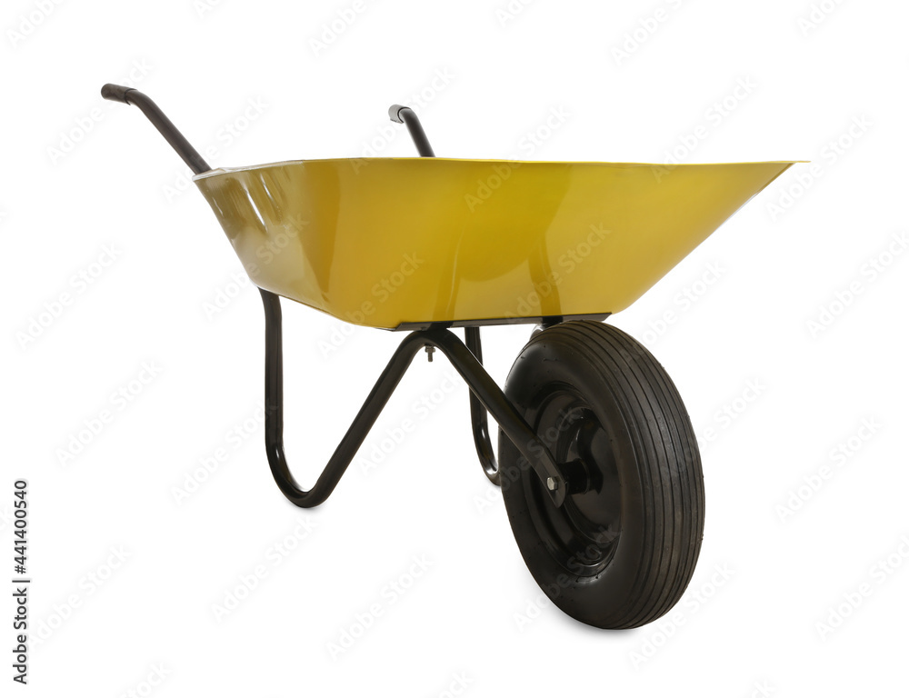 Yellow wheelbarrow isolated on white. Gardening tool Yellow wheelbarrow isolated on white. Gardening tool