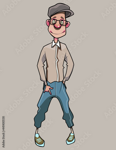 cartoon smiling skinny guy with glasses and a cap