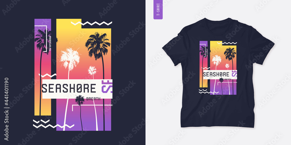 Naklejka premium Seashore graphic t-shirt design with palm trees, vector illustration