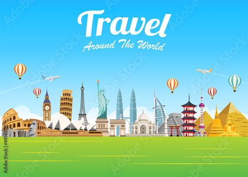 Travel around  the world of Europe, Asia and America. Famous landmarks in global. Tourism business. Vector illustration modern flat design. Road trip. Journey vacation concept.