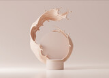 3D beige pedestal podium with liquid foundation splash swirl on studio background. Nude cream fluid flow with display showcase for beauty product, cosmetics promotion.  abstract 3D render mockup
