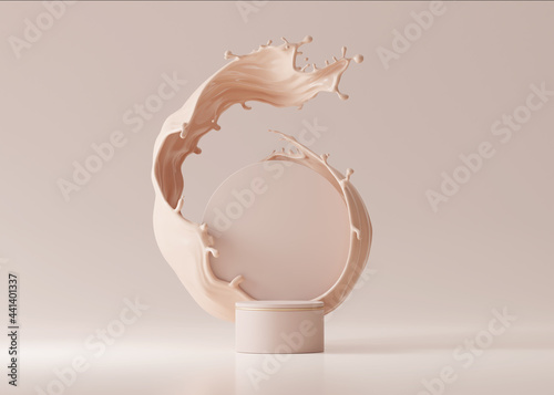 Fotografiet 3D beige pedestal podium with liquid foundation splash swirl on studio background