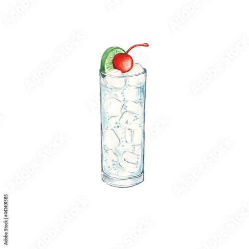 glass cocktail in an elegant cup isolated on white background. continuous line drawing doodle minimalist design. rum collins