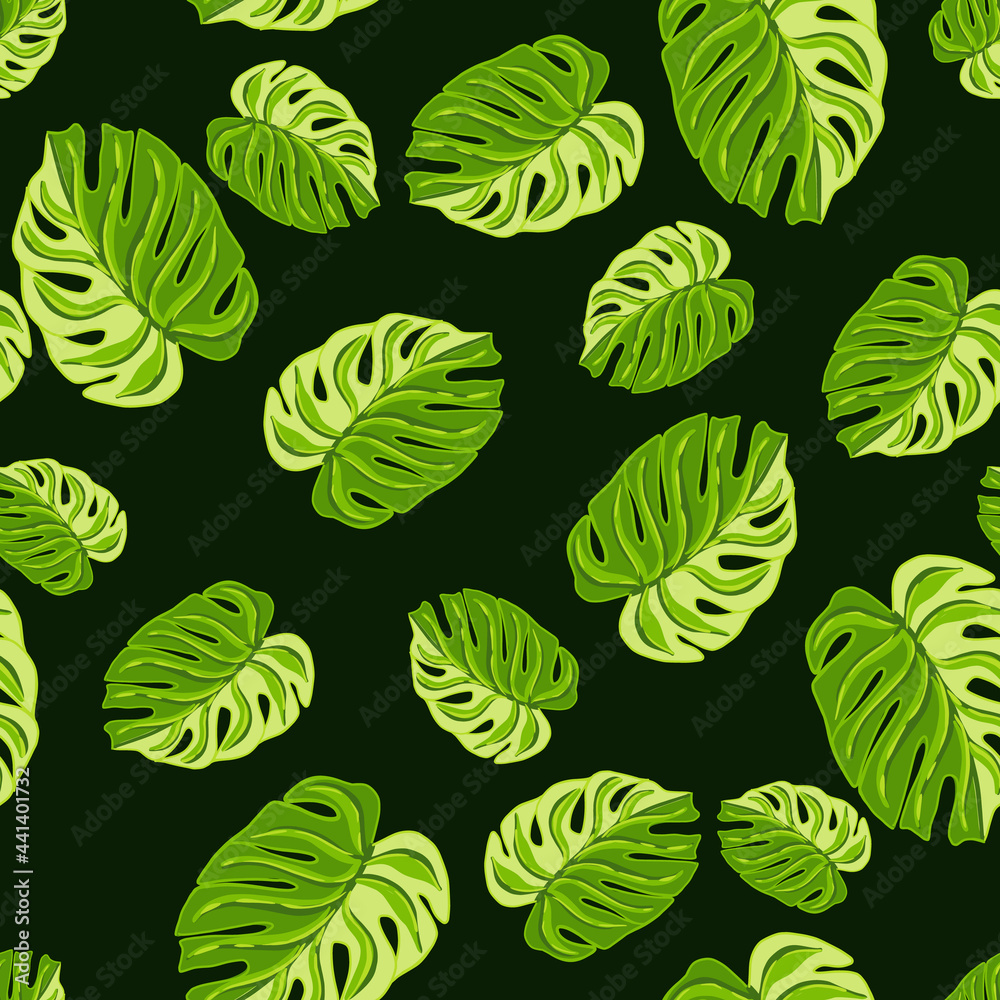 Tropical seamless pattern with bright green monstera elements print. Dark background. Random ornament. Tropical seamless pattern with bright green monstera elements print. Dark background. Random ornament.