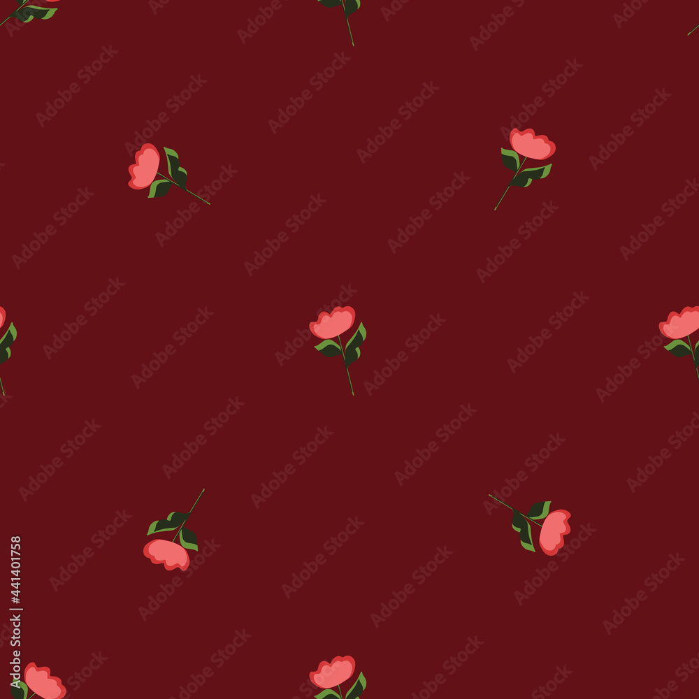 Seamless pattern in minimalistic style with flowers silhouettes print. Maroon-red background.