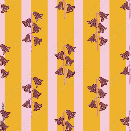Nature seamless pattern with doodle bell flowers silhouettes print. Orange and pink striped background.