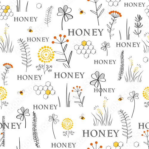 Vector nature seamless background with hand drawn wild herbs, flowers and leaves on white. Doodle style floral illustration