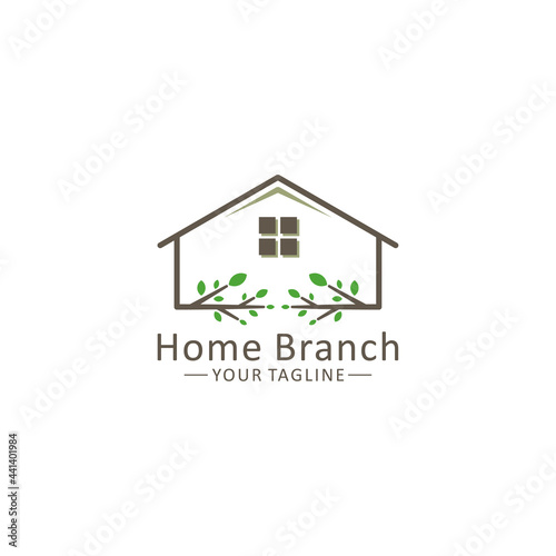 HOME ICON VECTOR LOGO AND BRANCH LEAVES SYMBOL OF ENVIRONMENTALLY FRIENDLY HOUSE