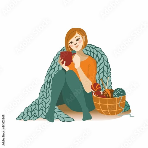 KNITING, YOUNG GIRL COVERED WITH A BLANKET,  DRINKS TEA,    VECTOR