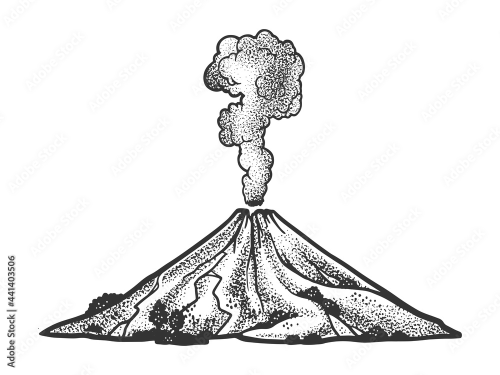 smoking volcano eruption line art sketch engraving vector illustration