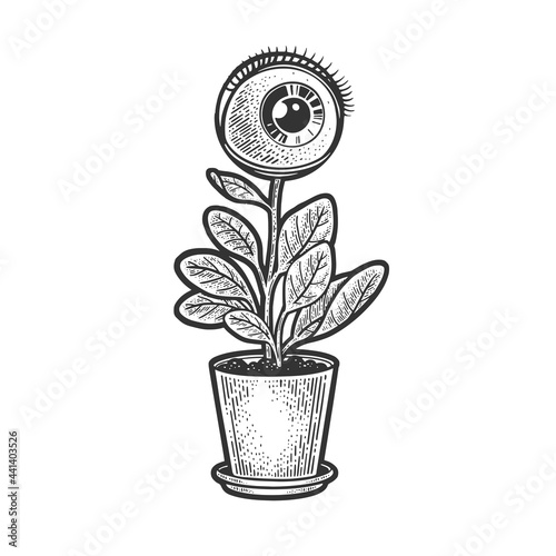 human eye plant flower sketch engraving vector illustration. T-shirt apparel print design. Scratch board imitation. Black and white hand drawn image.