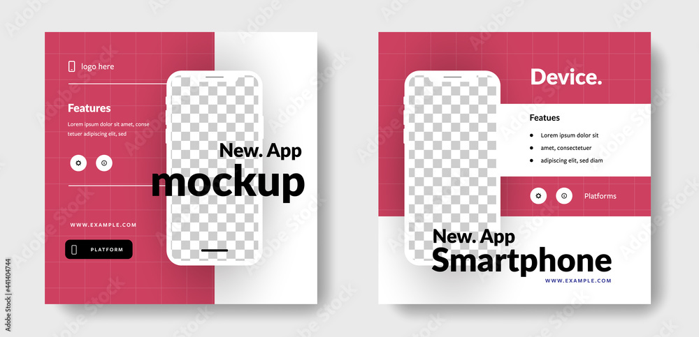 Naklejka premium Mobile mockup for social media templates, square banners with smartphone shape, place for photos, business application design promotion 
