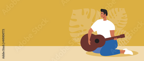 Young man with guitar, copy space template, flat vector stock illustration with playing guitar or musical instrument and place for text