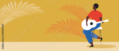 Afro man with guitar, copy space template, flat vector stock illustration with playing guitar or african guitarist