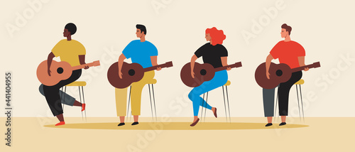 People with guitar playing guitar, flat vector stock illustration with musical instrument guitar and group of musicians