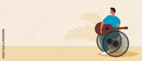 Wheelchair disabled person with guitar, copy space template, flat vector stock illustration with playing guitar or musical instrument for design