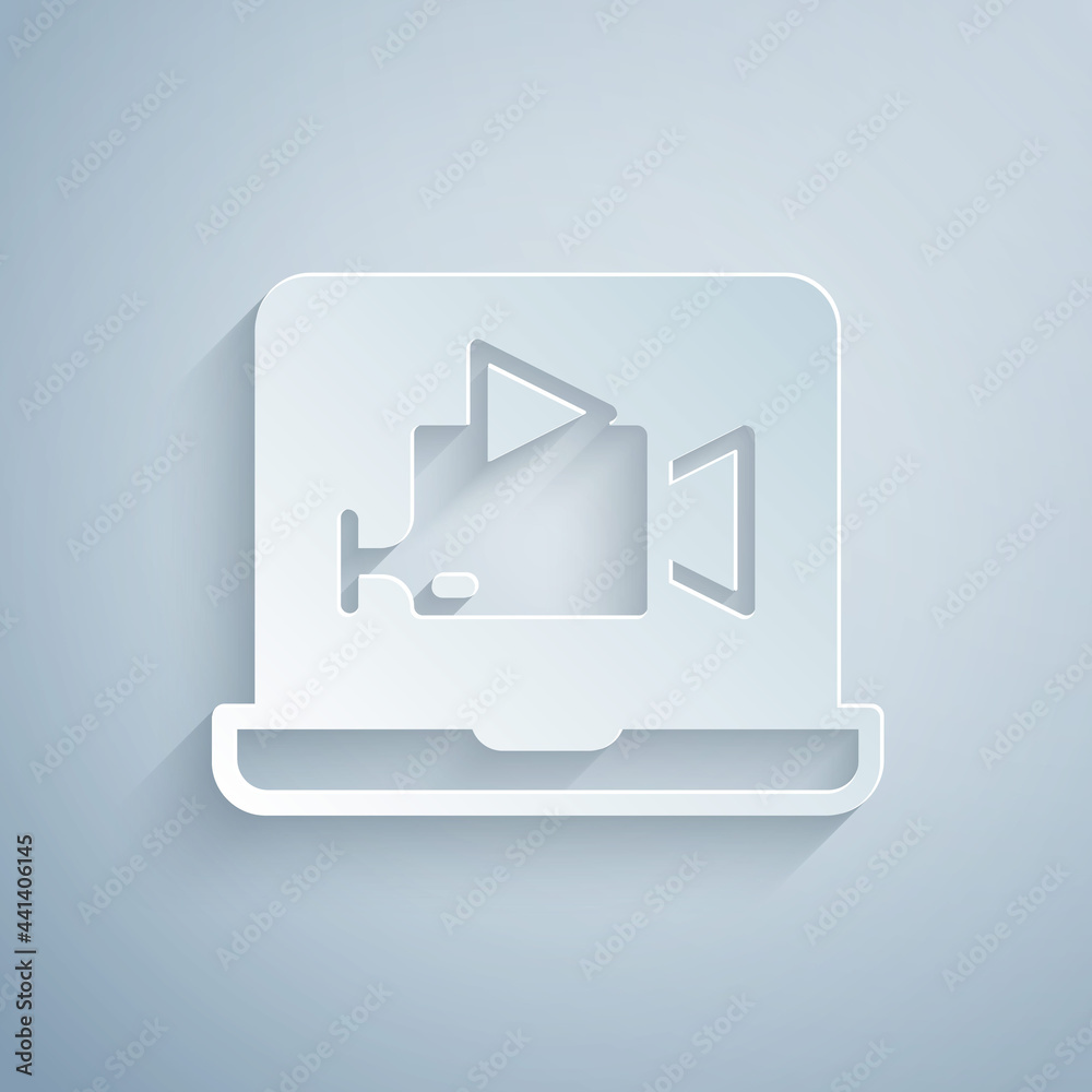 Paper cut Online play video icon isolated on grey background. Film strip with play sign. Paper art style. Vector