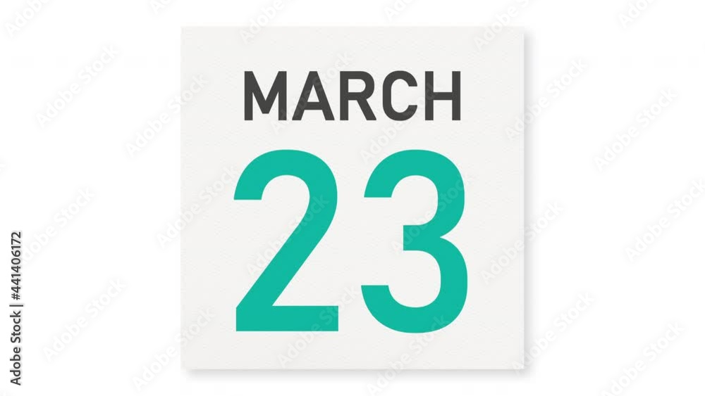 March 23 date behind crumpled paper page of a calendar, 3d animation March 23 date behind crumpled paper page of a calendar, 3d animation