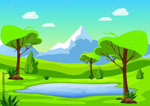 Mountain lake landscape vector illustration. Tranquil Rural Landscape consept.