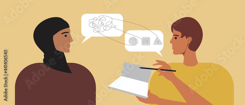 Islamic woman in consultation with a psychologist, Flat vector stock illustration with counseling of a psychotherapist and psychological assistance to a refugee