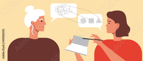 Old woman in consultation with a psychologist, Flat vector stock illustration with counseling of a psychotherapist and psychological assistance to an elderly patient