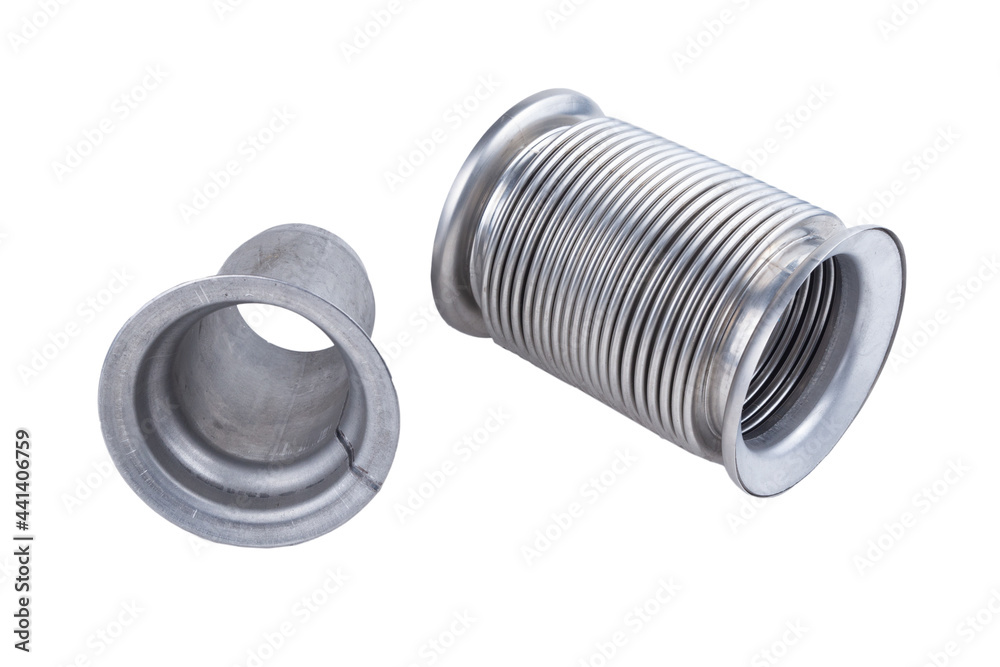 the corrugated pipe of the truck exhaust system, isolated on a white background. close-up. the corrugated pipe of the truck exhaust system, isolated on a white background. close-up.