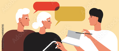Elderly couple in consultation with a psychologist, Flat vector stock illustration with counseling of a psychotherapist and psychological assistance to an old couple