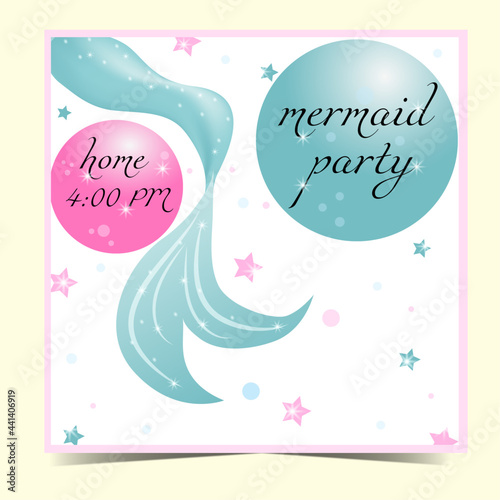 Birthday invitation with mermaid. Kids birthday party invitation card with cute mermaid
