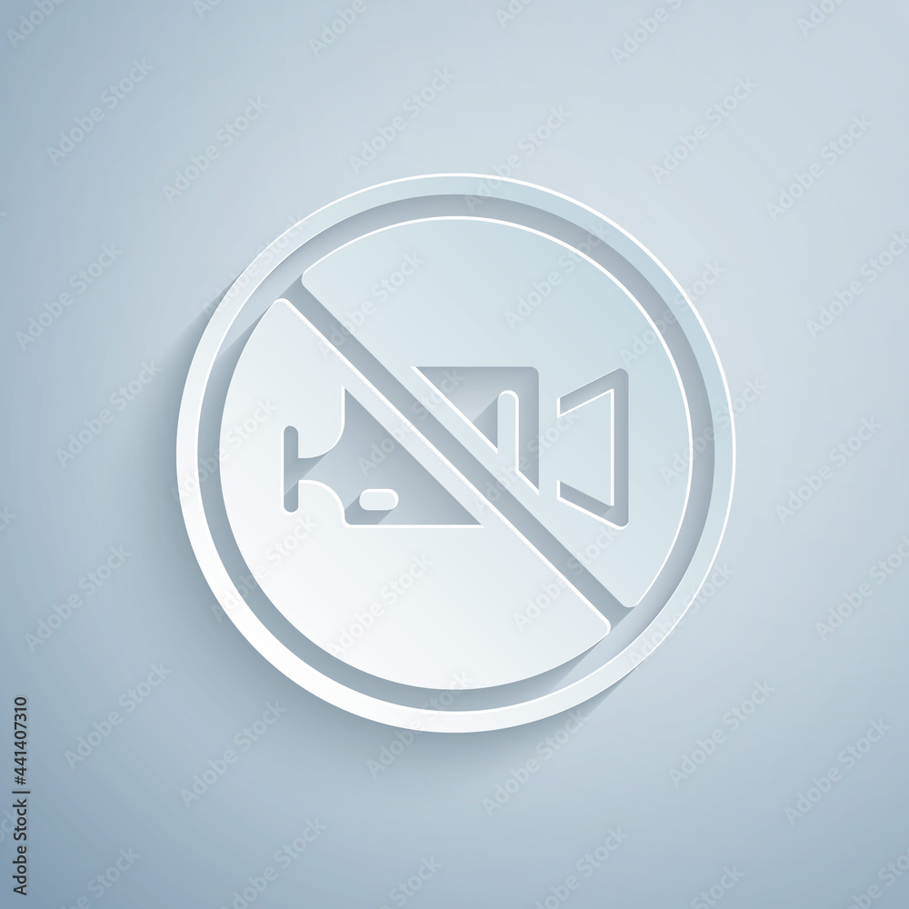 Paper cut Prohibition sign no video recording icon isolated on grey background. Paper art style. Vector Paper cut Prohibition sign no video recording icon isolated on grey background. Paper art style. Vector