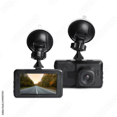 Modern car dashboard cameras on white background in collage, one with photo of road