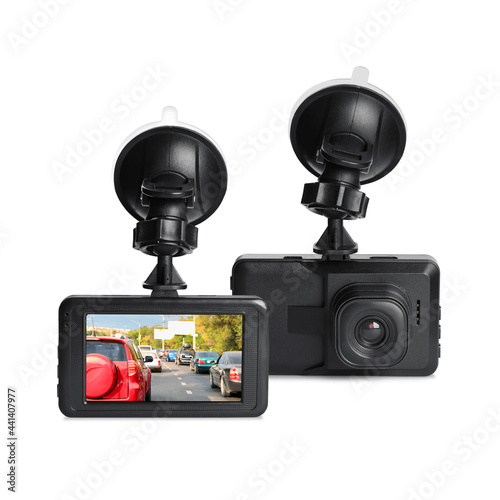 Modern car dashboard cameras on white background in collage, one with photo of road photo