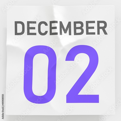 December 2 date on crumpled paper page of a calendar, 3d rendering