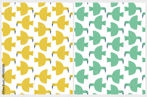 Cute Hand Drawn Seamless Vector Pattern with Funny Yellow and Turquoise Birds on a White Background. Funny Print with Big Flying Birds. Simple Abstract Print ideal for Fabric, Textile, Wrapping Paper.