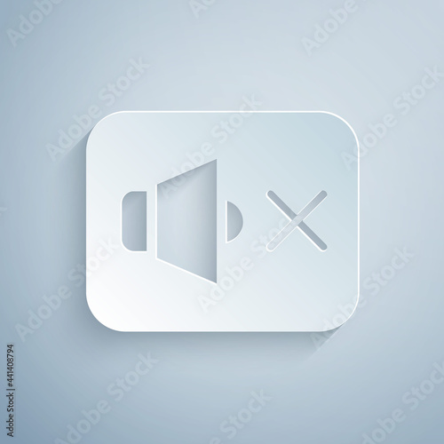 Paper cut Speaker mute icon isolated on grey background. No sound icon. Volume Off symbol. Paper art style. Vector