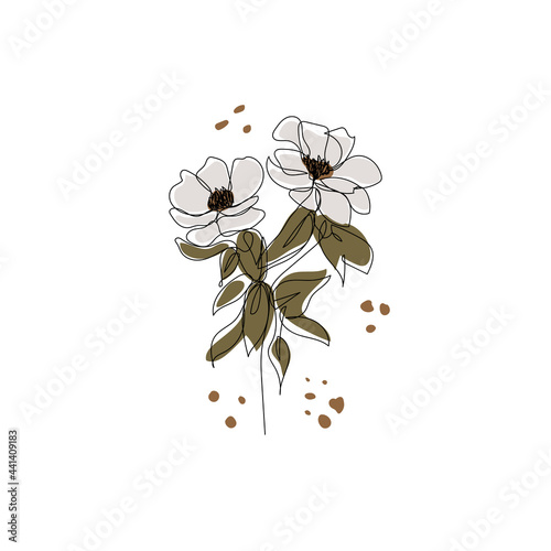 Modern minimalist one line drawing of magnolia flower and abstract colored shapes.