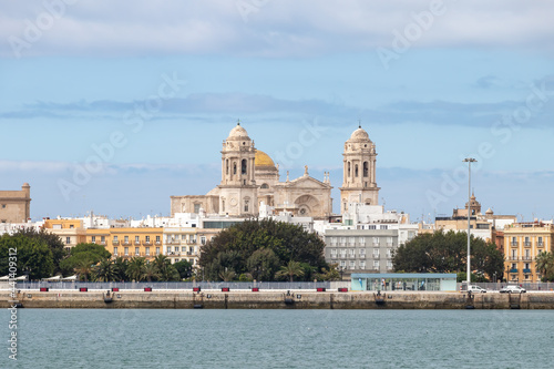 View of Cadiz coast with Cadiz Cathedral of the Holy Cross in the background